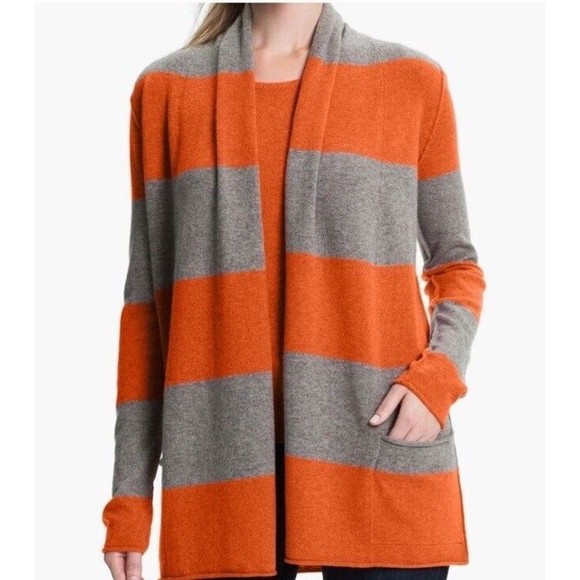 Pure Amici Sweaters - Pure Amici Cashmere Cardigan XL Orange Gray Striped Open Front Pockets Spring